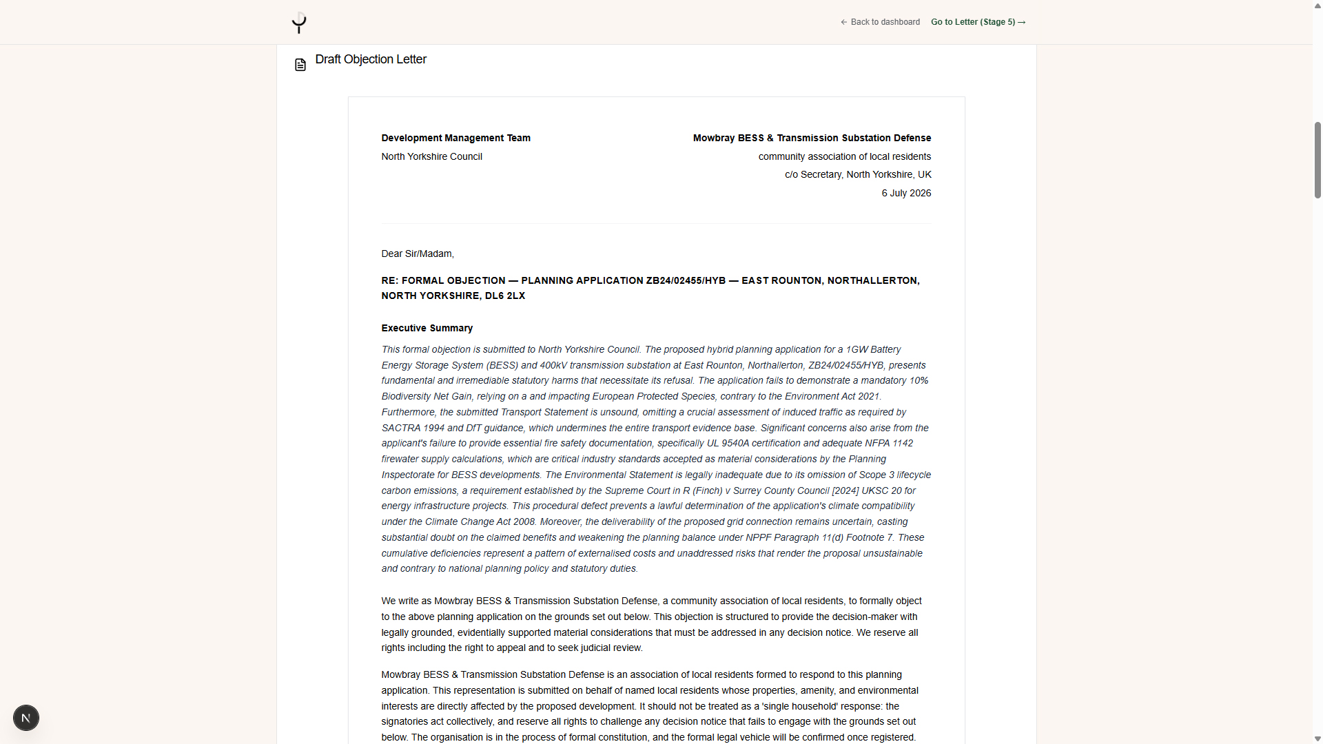 Objection letters, ready for legal review